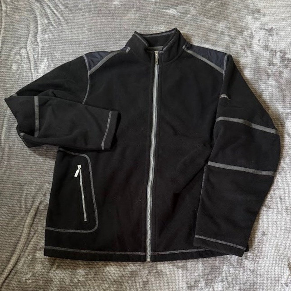 Tommy Bahama Mens Black Full Zip Fleece Jacket Mock Neck Grey Trim Size M
